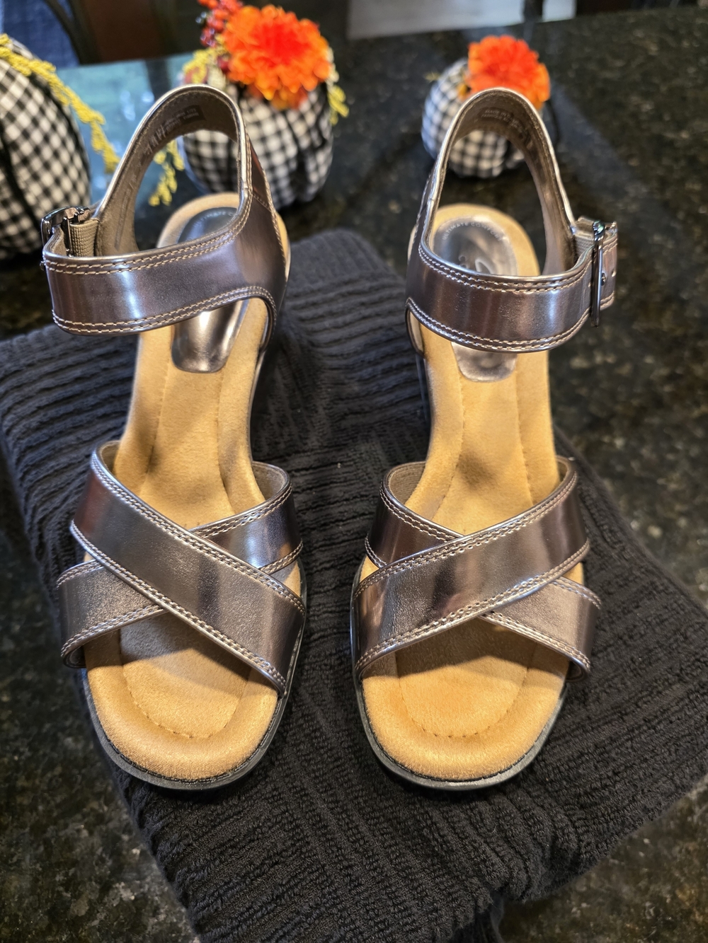 Clarks Metallic Charcoal Slingback Wedge Sandals